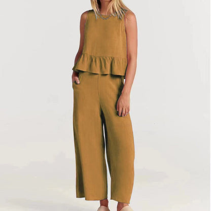 Summer Sleeveless Ruffled Blouse Wide Leg Pants Casual Women Set