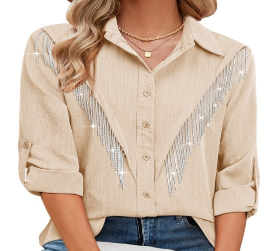 Women Fashion Casual Rhinestone Tassel Lapel Long Sleeve Blouse