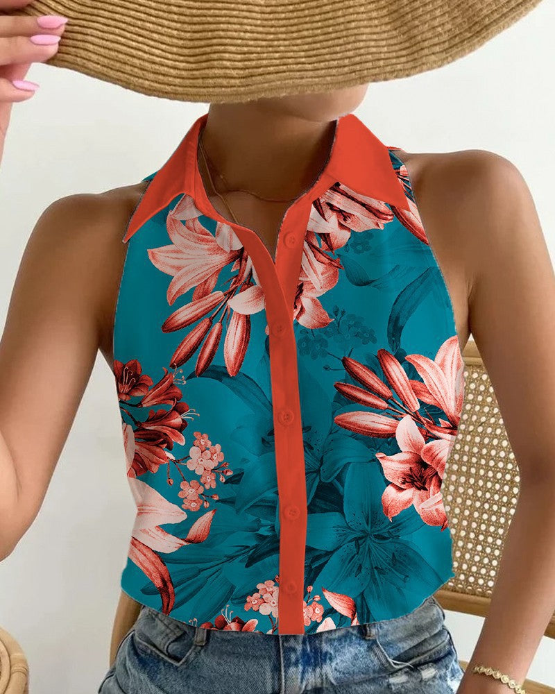 Summer Casual Fashion Strapless Abstract Print Women Shirt Blouse
