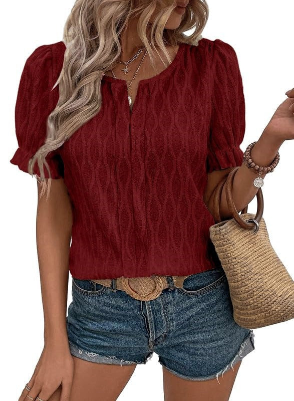 Women Fashion Casual Solid Color Jacquard V-Neck Puff Sleeve Blouse