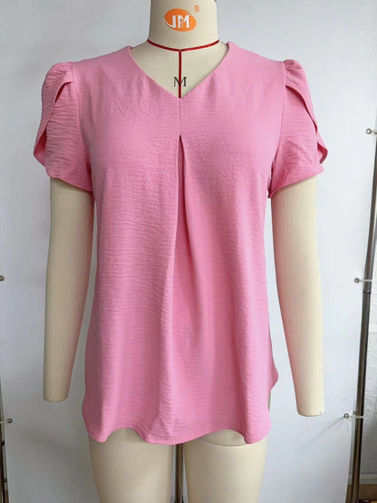 Casual Summer Women V-Neck Solid Color Chiffon Short-Sleeve Elegant Blouse