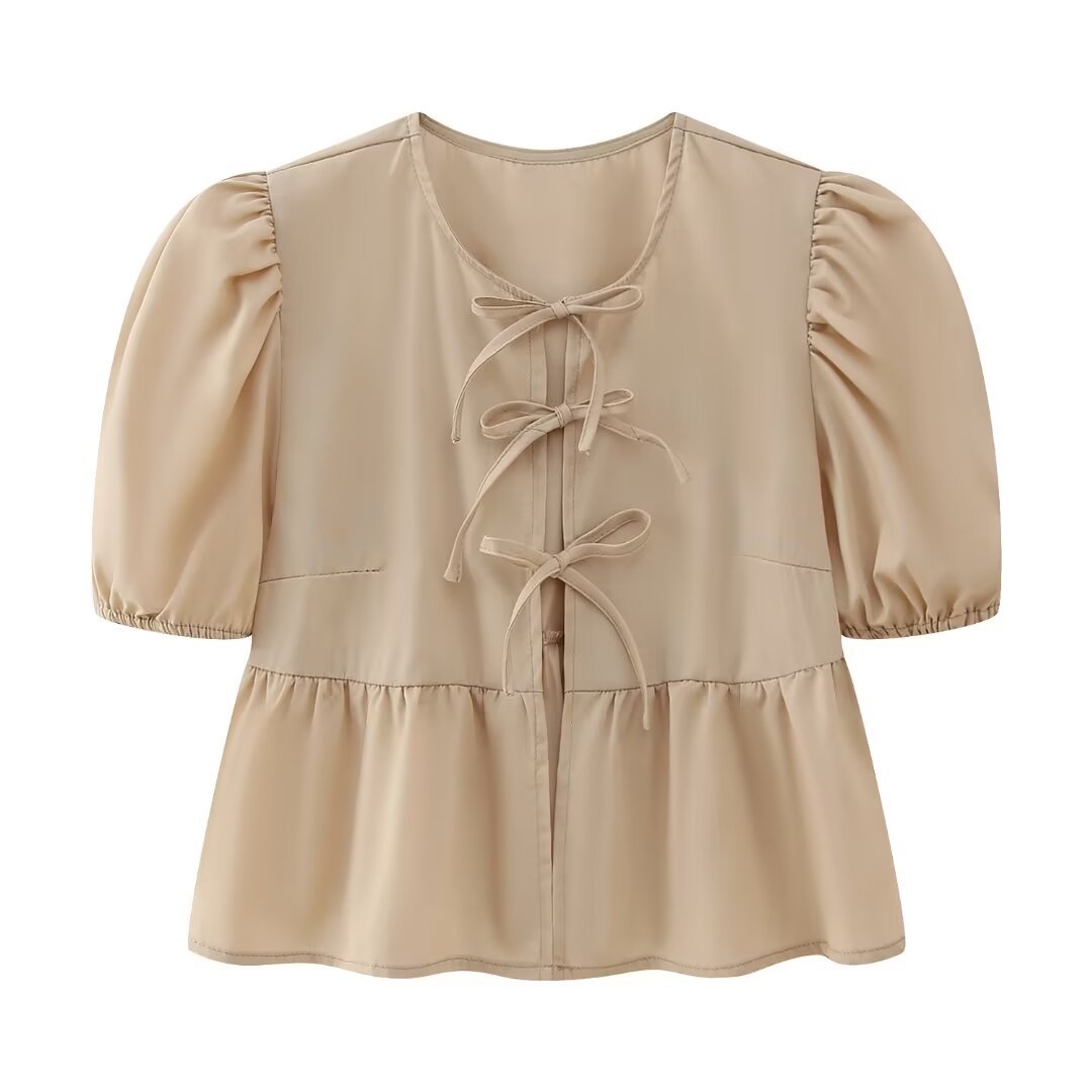 Women Sweet Casual Puff Sleeve Bow Knot Ruffled Stripe Leopard Blouse