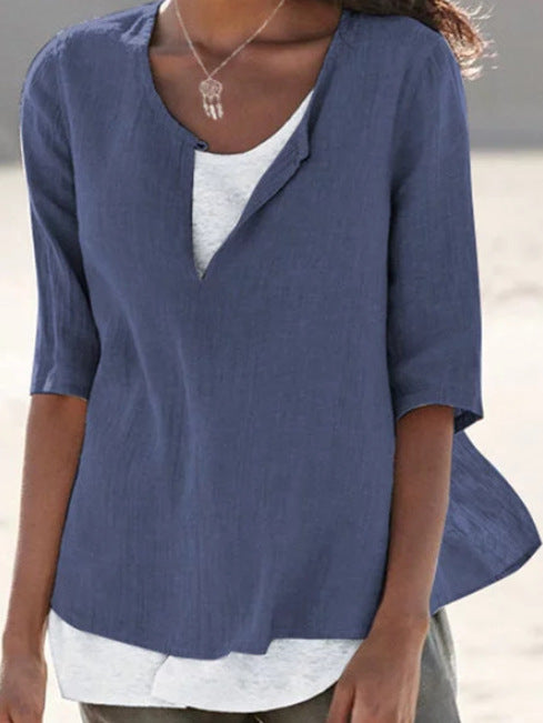 Women Casual V Neck Linen Solid Color Blouse