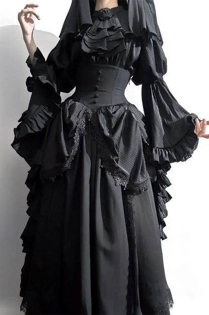 Gothic Light Lolita Long Flying Sleeve Vintage Blouse & Skirt Two Piece Set