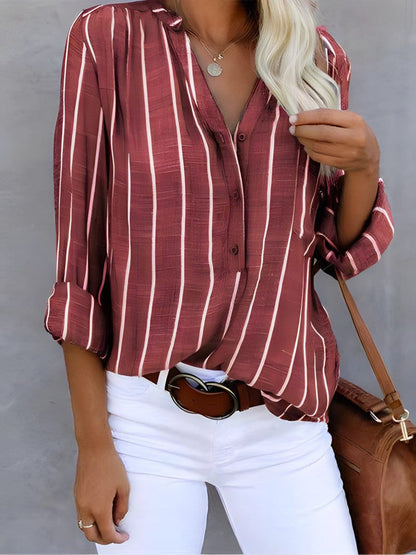 Women's Folded Sleeve Striped Blouse with Buttons | Ideal for Spring/Summer