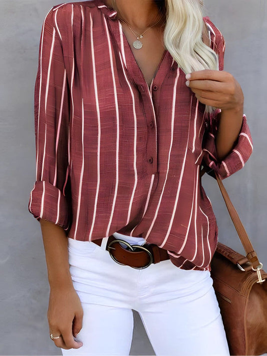 Women's Folded Sleeve Striped Blouse with Buttons | Ideal for Spring/Summer