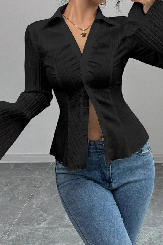 Elegant V-Neck Button-Down Striped Blouse