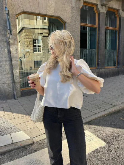 Elegant White Satin Short O-neck Female Lady Blouse