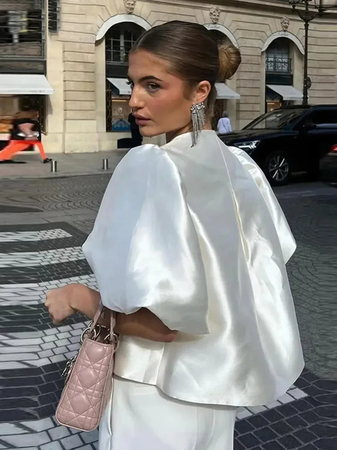 Elegant White Satin Short O-neck Female Lady Blouse