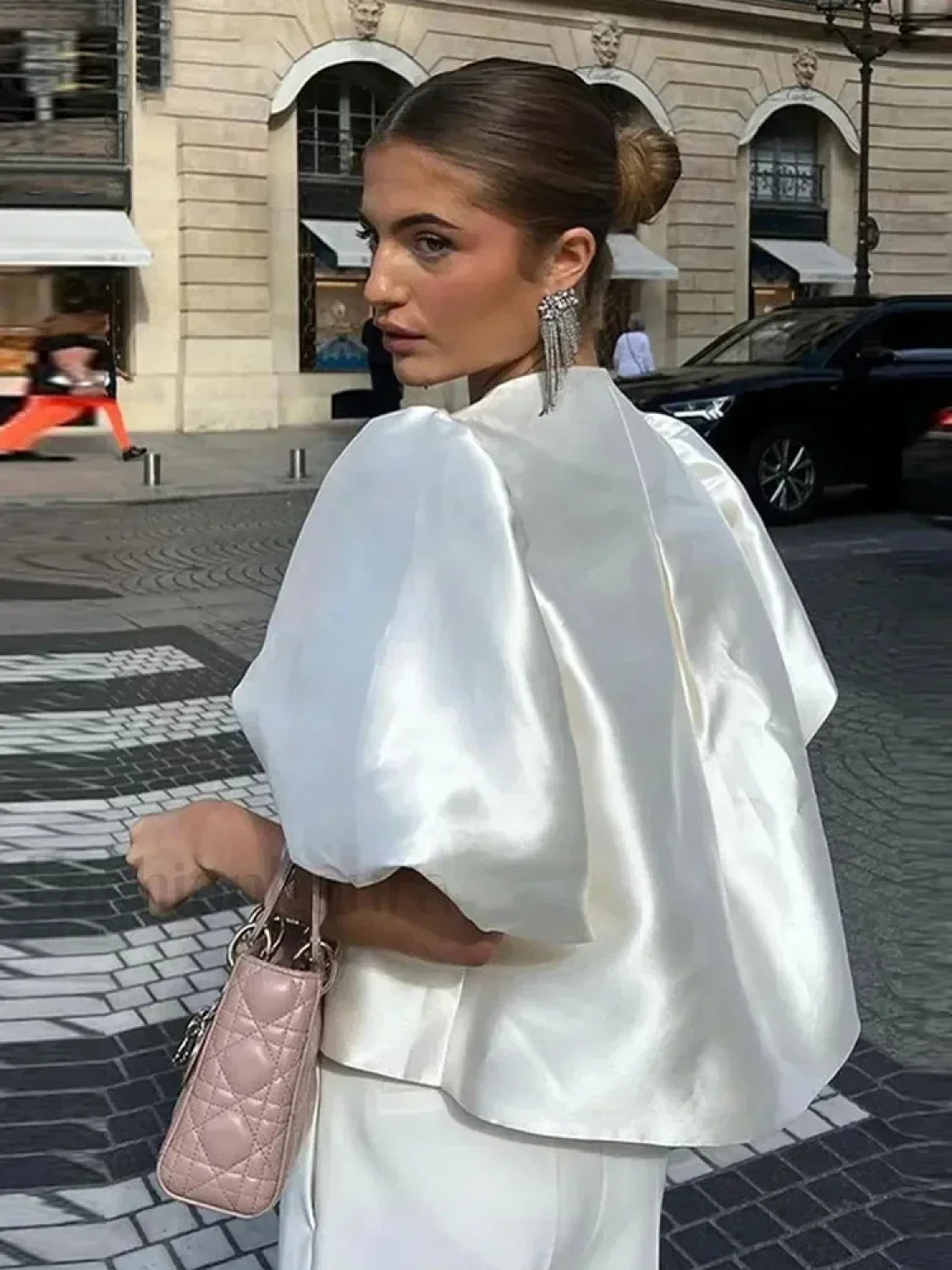 Elegant White Satin Short O-neck Female Lady Blouse