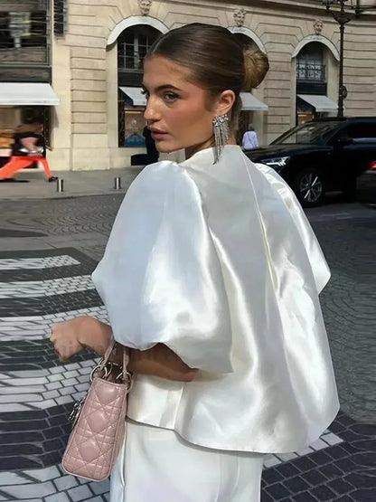 Elegant White Satin Short O-neck Female Lady Blouse