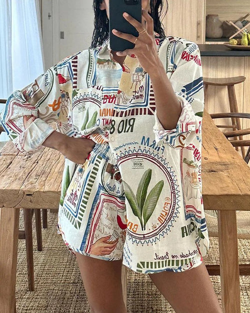 Women's Trendy Boho Long Sleeve Blouse and Short Two-piece Set | Great for Casual Days