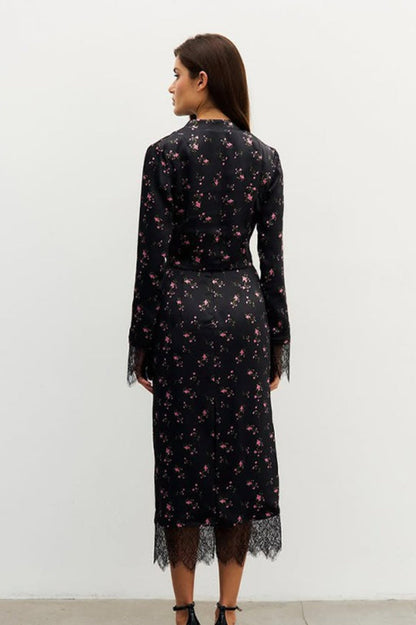 Button Front Floral Long Sleeve Blouse Skirt Set