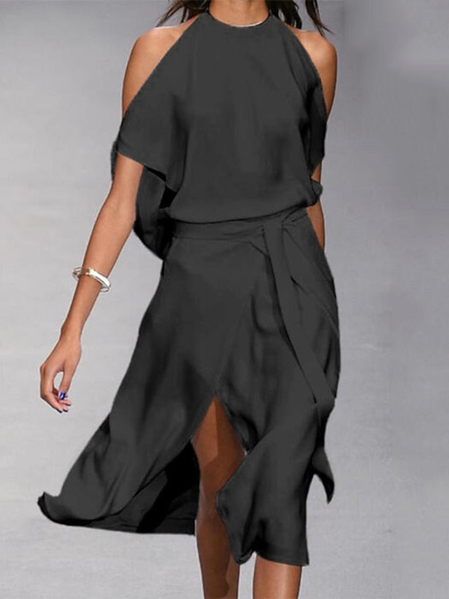 A Line Dress Midi Dress White Black Gray Sleeveless Pure Color Split Spring Summer cold shoulder Personalized Stylish Elegant Loose  S M L XL XXL for Women