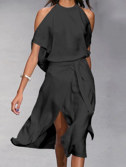 A Line Dress Midi Dress White Black Gray Sleeveless Pure Color Split Spring Summer cold shoulder Personalized Stylish Elegant Loose  S M L XL XXL for Women