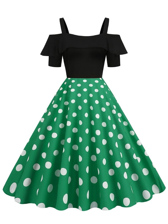 1950s Vintage Vintage Dress Midi Dress Holiday Date Ruched Print Polka Dot Spaghetti Strap Short Sleeve Regular Fit Summer Spring  Black Yellow S M L XL for Women