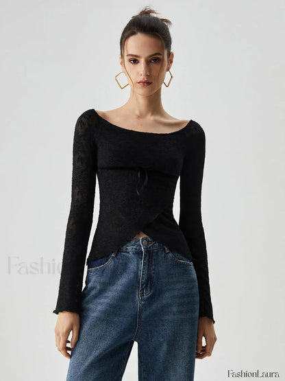 Jacquard Lace Semi-sheer Trendy Bowknot Crossover Blouse