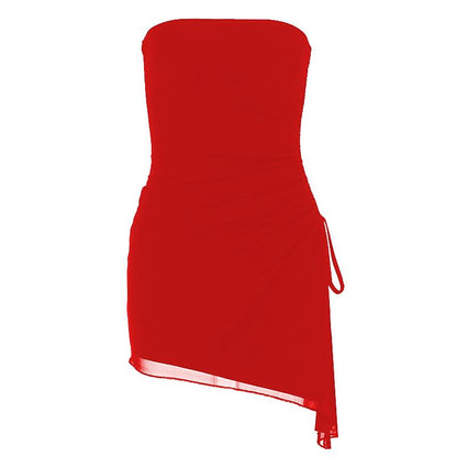 Drawstring ruched mesh irregular tube mini dress  | Festival Outfits Women