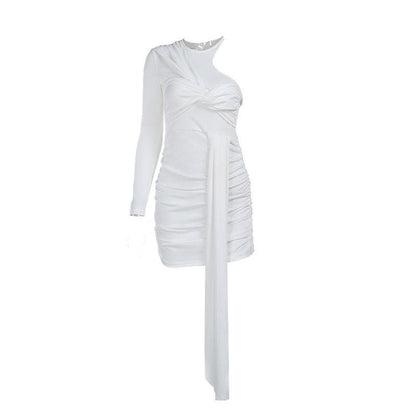 Knotted solid one shoulder ruched irregular mini dress  | Festival Outfits Women