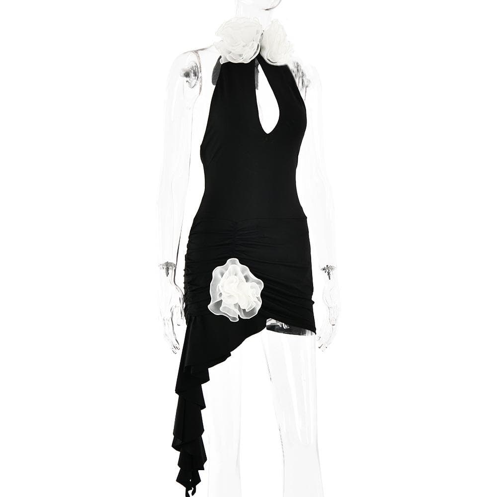 Halter ruched flower applique ruffle mini dress  | Festival Outfits Women