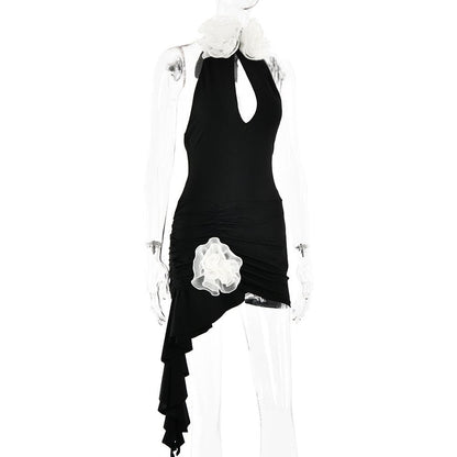 Halter ruched flower applique ruffle mini dress  | Festival Outfits Women