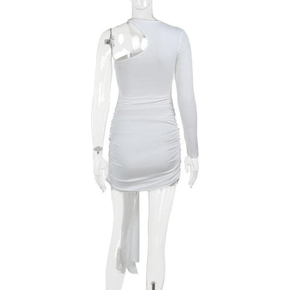 Knotted solid one shoulder ruched irregular mini dress  | Festival Outfits Women