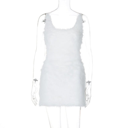 U neck fluffy zip-up backless cami mini dress  | Festival Outfits Women