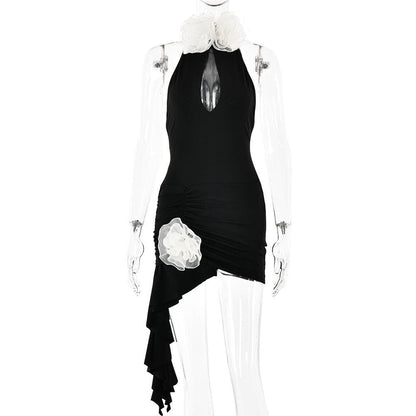 Halter ruched flower applique ruffle mini dress  | Festival Outfits Women