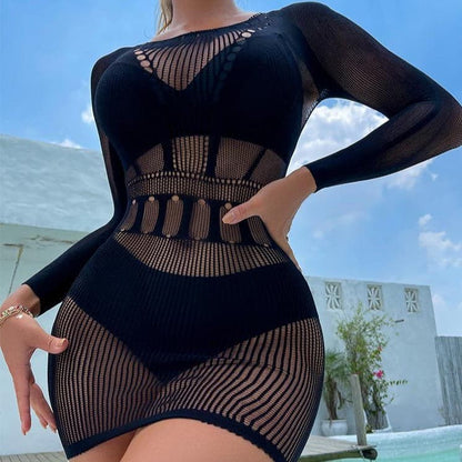 Long sleeve round neck net mini dress  | Festival Outfits Women