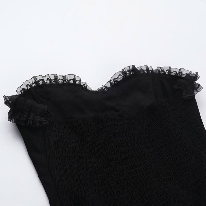 Sweetheart neck lace hem ruffle button mini dress  | Festival Outfits Women