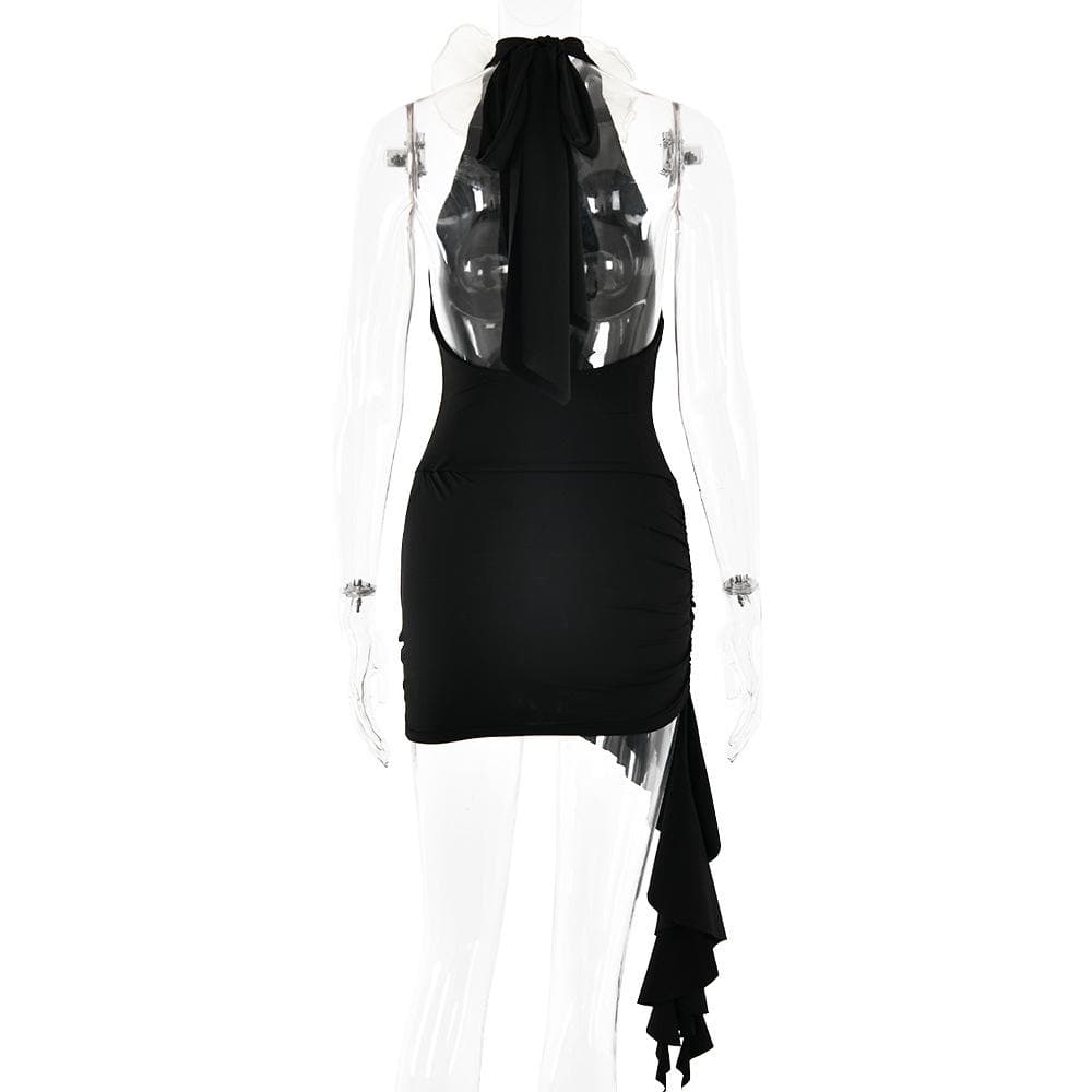 Halter ruched flower applique ruffle mini dress  | Festival Outfits Women