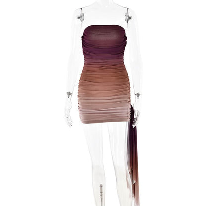 Ruched gradient mesh backless tube mini dress  | Festival Outfits Women