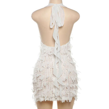 Deep V neck halter self tie backless zip-up mini dress  | Festival Outfits Women