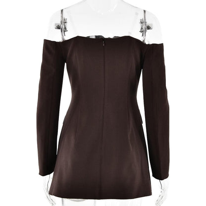 Long sleeve off shoulder button pocket mini dress  | Festival Outfits Women
