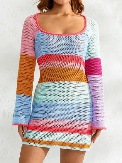 Knitted Cutout Stripe Mini Dress