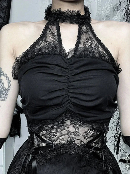Lace Patchwork Halter Mini Dress
