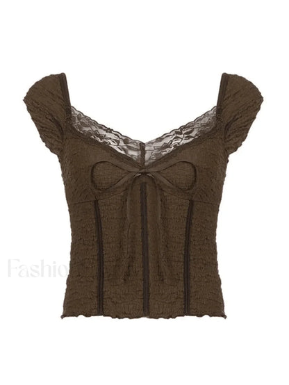 Lace Trim Crinkle Cropped Blouse