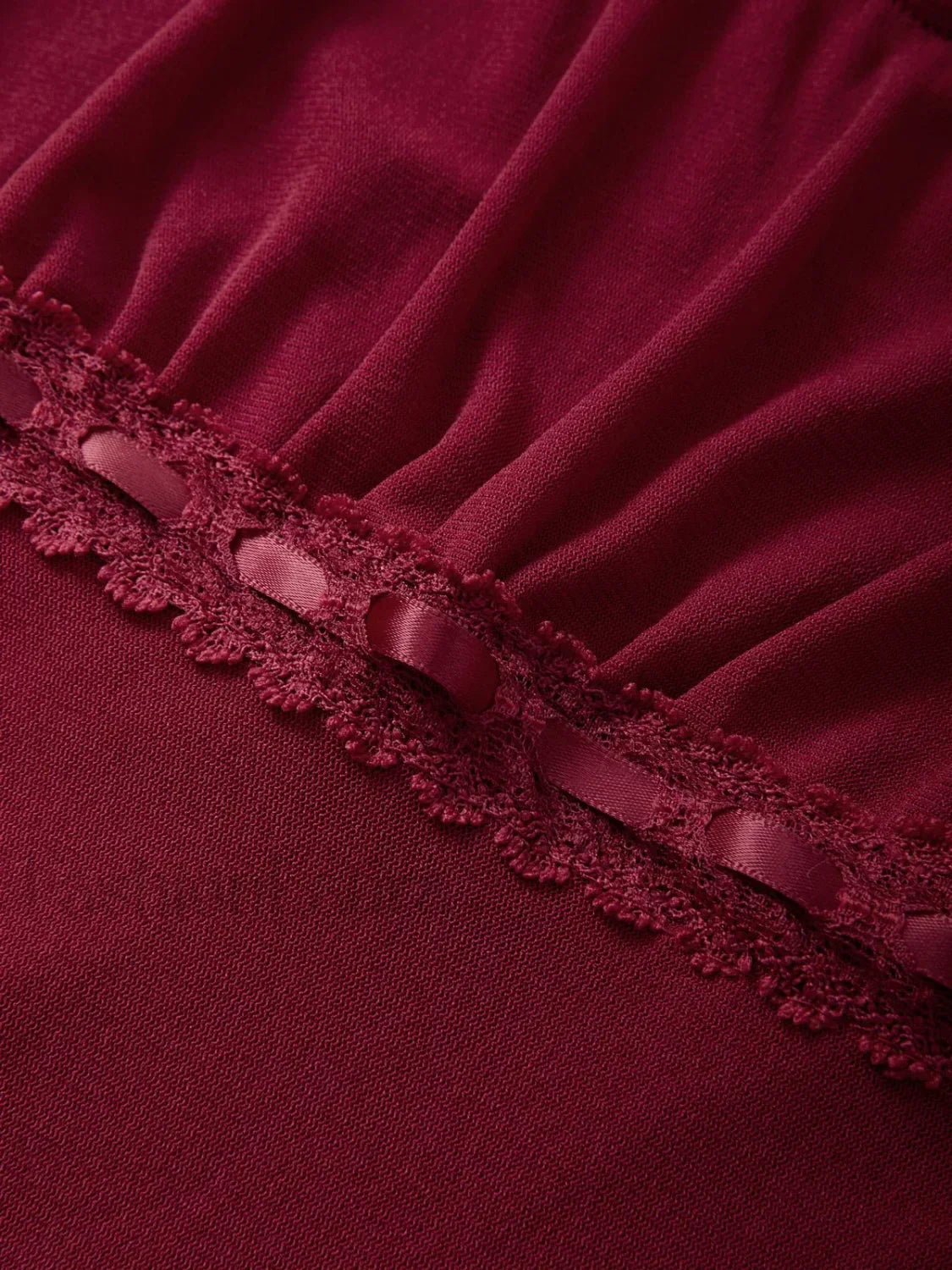 Lace Trim Tie Front Long Sleeve Blouse