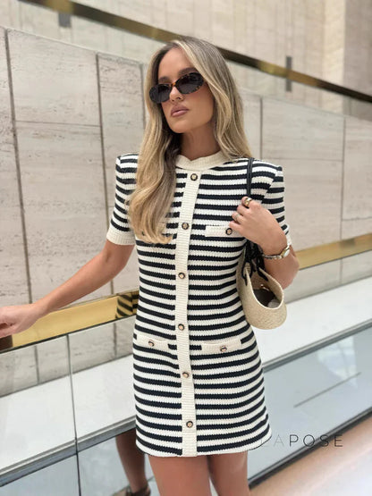 Annamae Striped Button-Front Knit Mini Dress