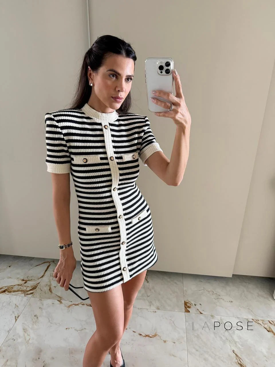 Annamae Striped Button-Front Knit Mini Dress