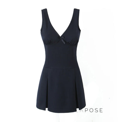 Kaliah Deep V-Neck Bow Mini Dress