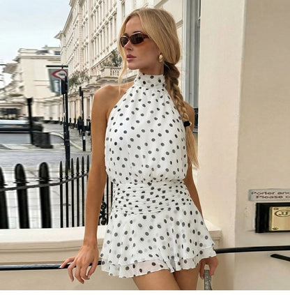 Polka Dot Halter Backless Mini Dress