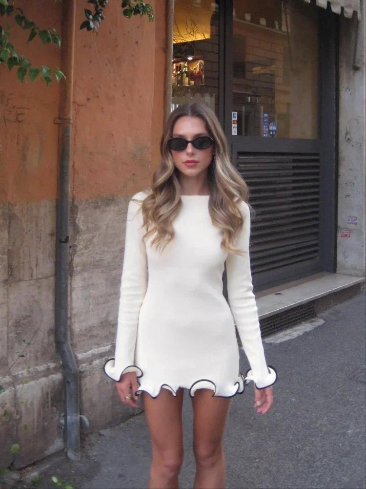 Ruffle Hem Long Sleeve Knit Mini Dress