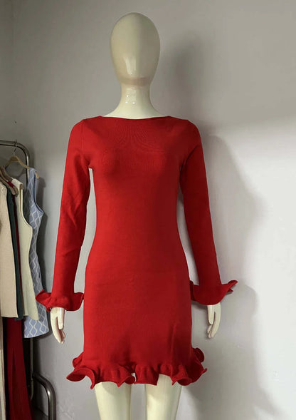 Ruffle Hem Long Sleeve Knit Mini Dress
