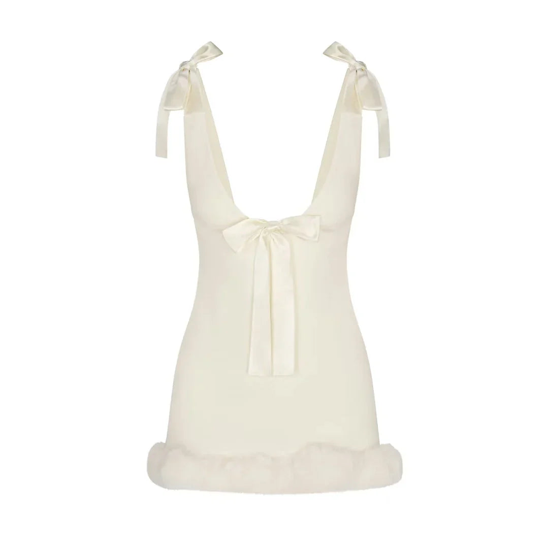 Satin Bow Strap Fur Trim Mini Dress