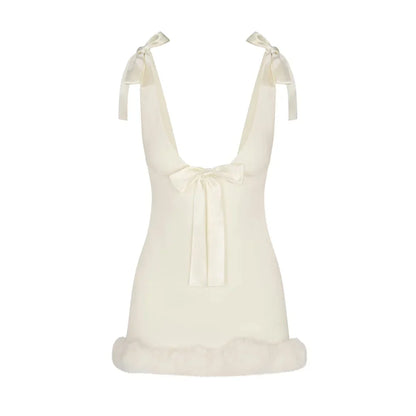 Satin Bow Strap Fur Trim Mini Dress