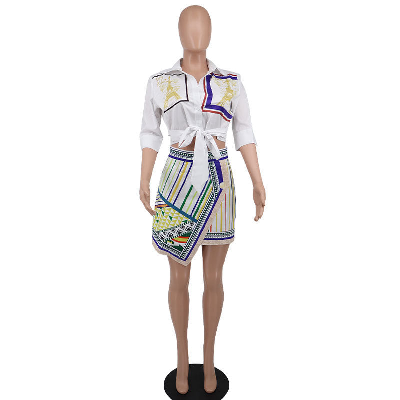 Women Fashion Casual Elegant Botknot Lapel Blouse And Irregular Hemline Skirt Set