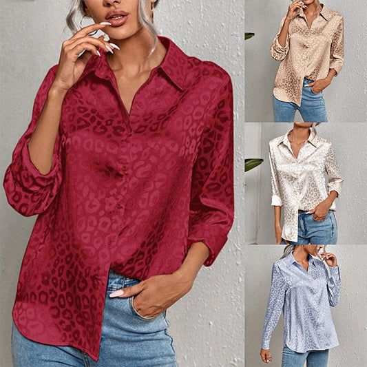 Women Casual Long-Sleeved Lapel Elegant Satin Jacquard Leopard Blouse