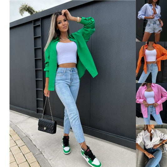 Women Casual Summer Loose Solid Color Long Sleeves V-Neck Blouse
