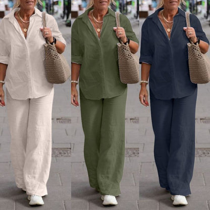 Women Fashion Casual Lapel Long-Sleeved Blouse Solid Color Pants Wide-Leg Set